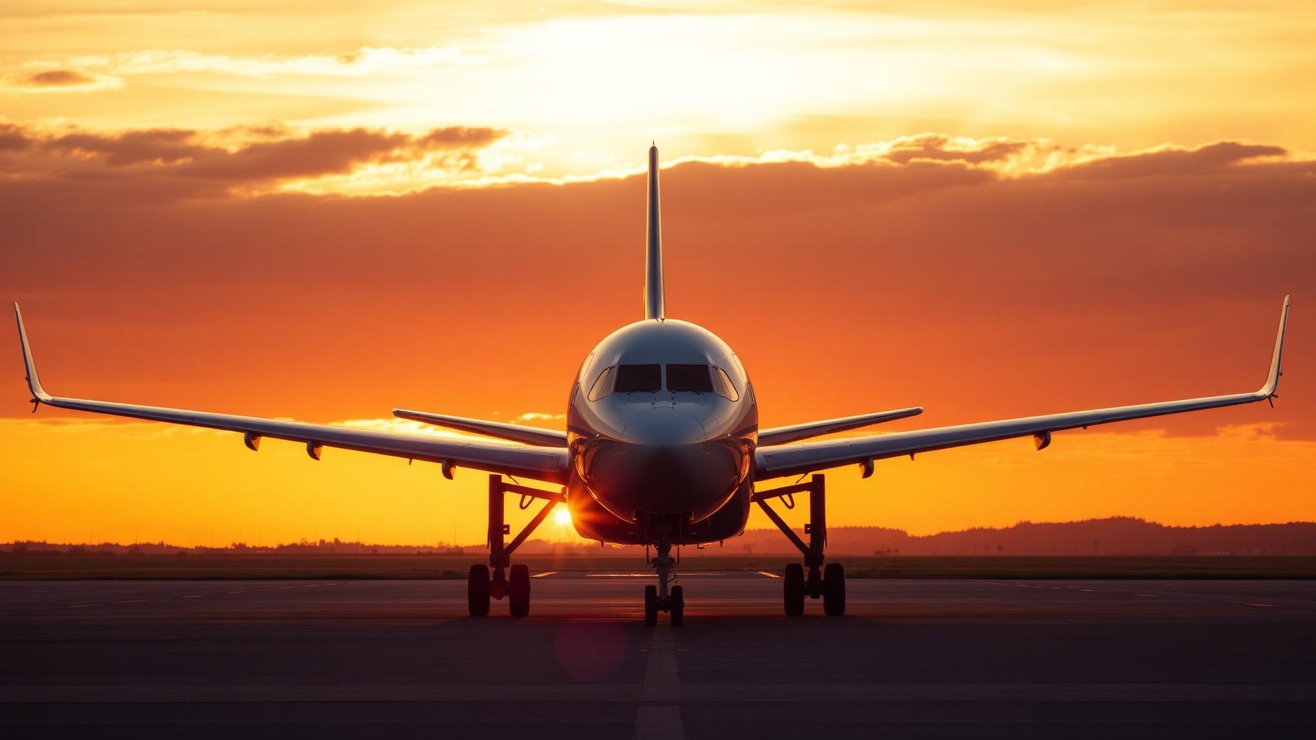 Airplane on tarmac at golden sunset